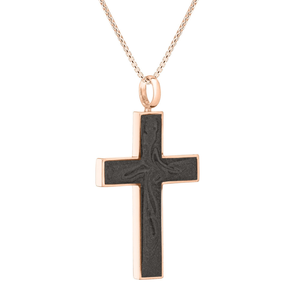 Side view of Close By Me's Men's Cross Cremation Pendant in 14K Rose Gold against a white background.