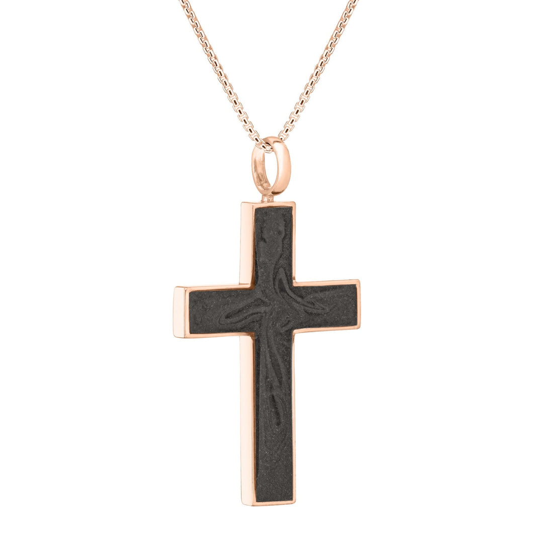 Side view of Close By Me's Men's Cross Cremation Pendant in 14K Rose Gold against a white background.
