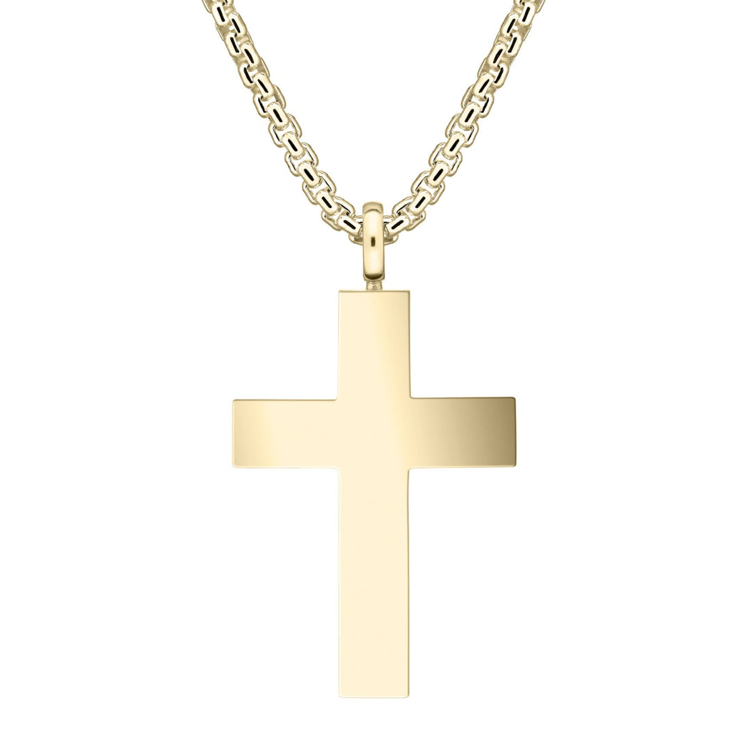 Back view of Close By Me's Men's Cross Cremation Pendant in 14K Yellow Gold on a thick chain against a white background.