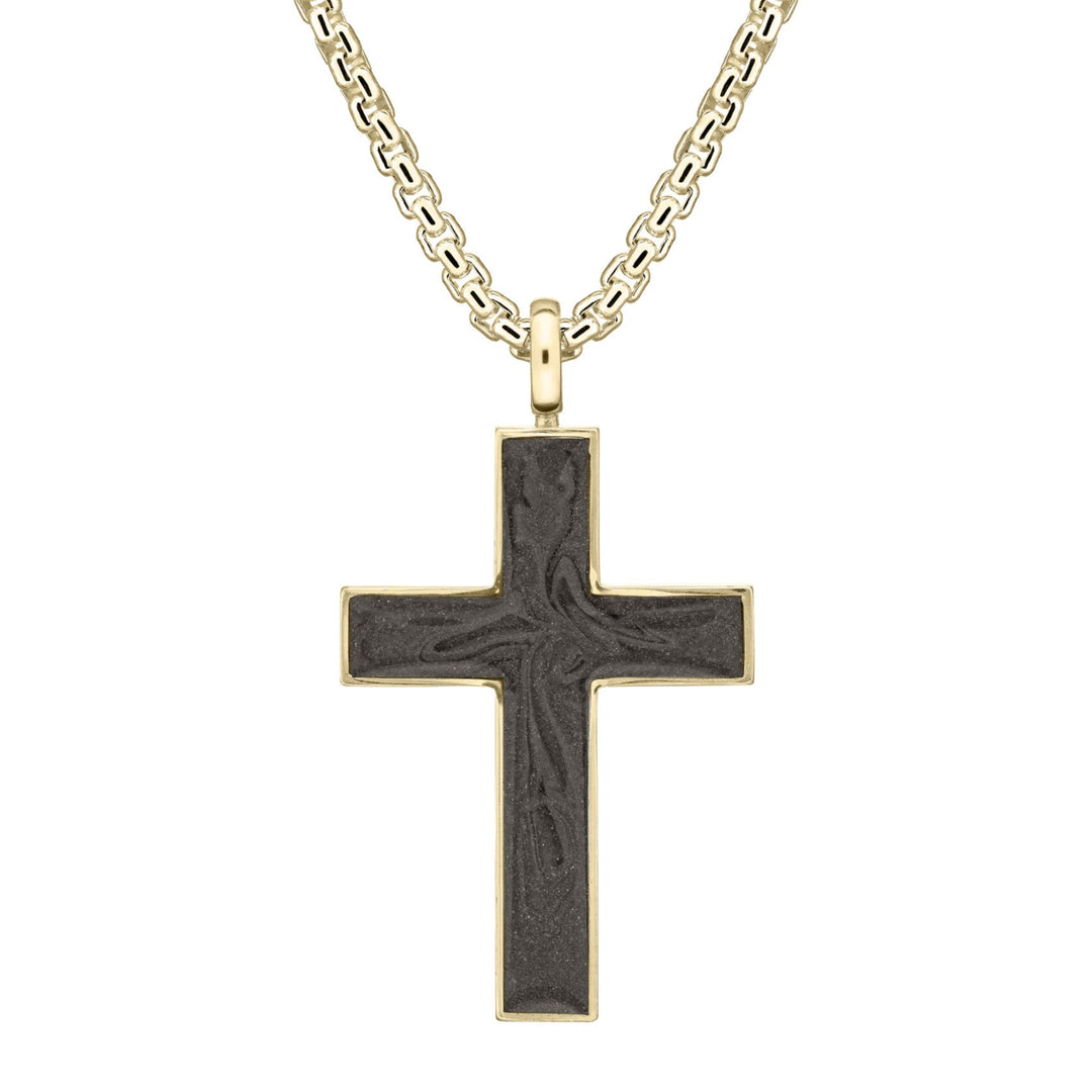 Front view of Close By Me's Men's Cross Cremation Pendant in 14K Yellow Gold on a thick chain against a white background.