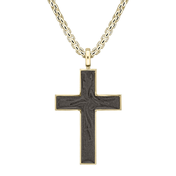 Front view of Close By Me's Men's Cross Cremation Pendant in 14K Yellow Gold on a thick chain against a white background.