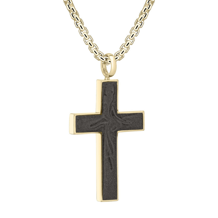 Side view of Close By Me's Men's Cross Cremation Pendant in 14K Yellow Gold on a thick chain against a white background.