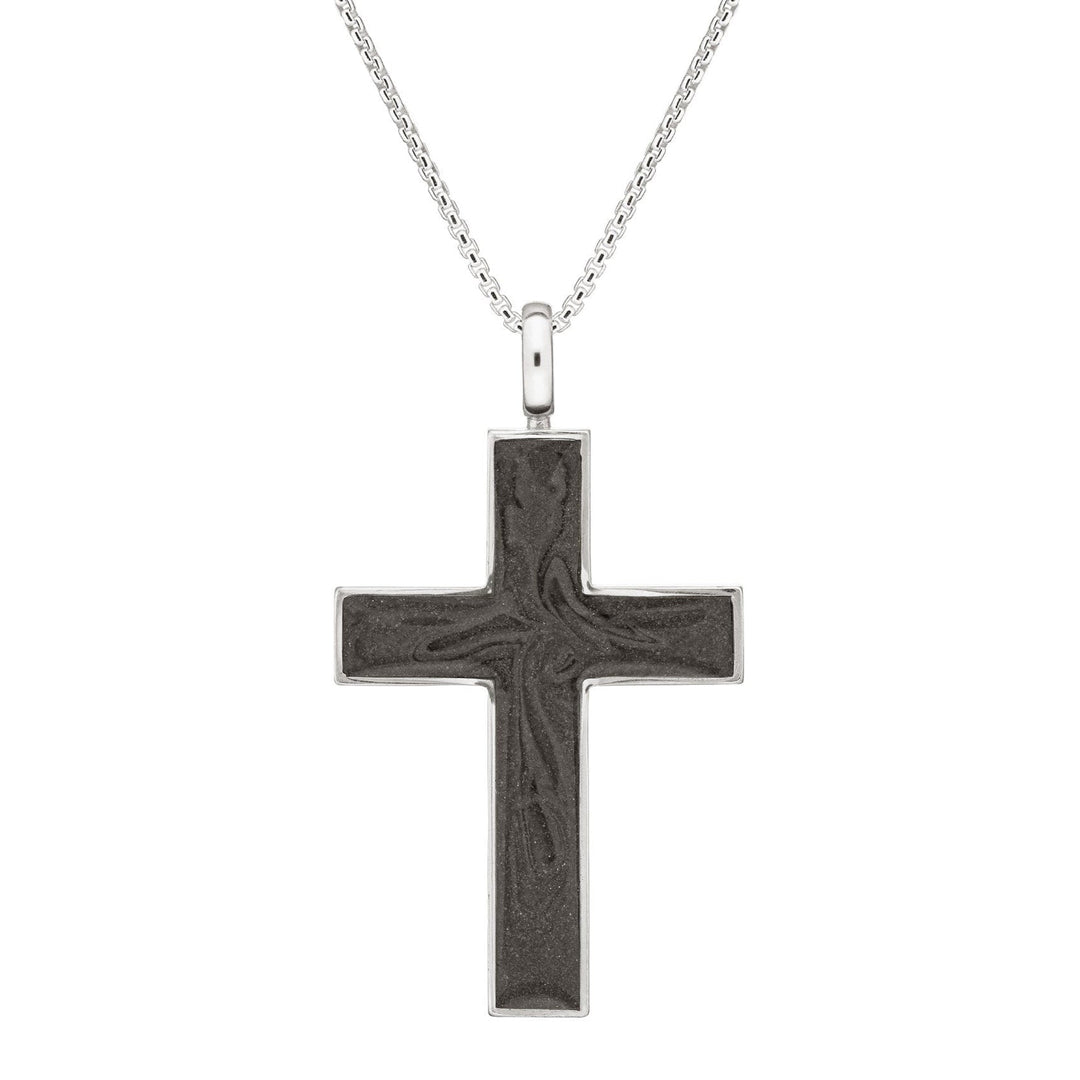 Front view of Close By Me's Men's Cross Cremation Pendant in Sterling Silver on a thin chain against a white background.