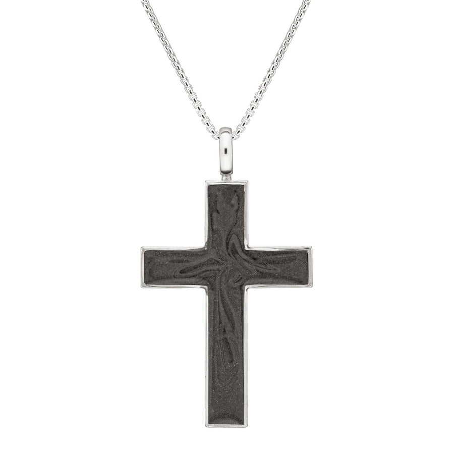 Front view of Close By Me's Men's Cross Cremation Pendant in Sterling Silver on a thin chain against a white background.
