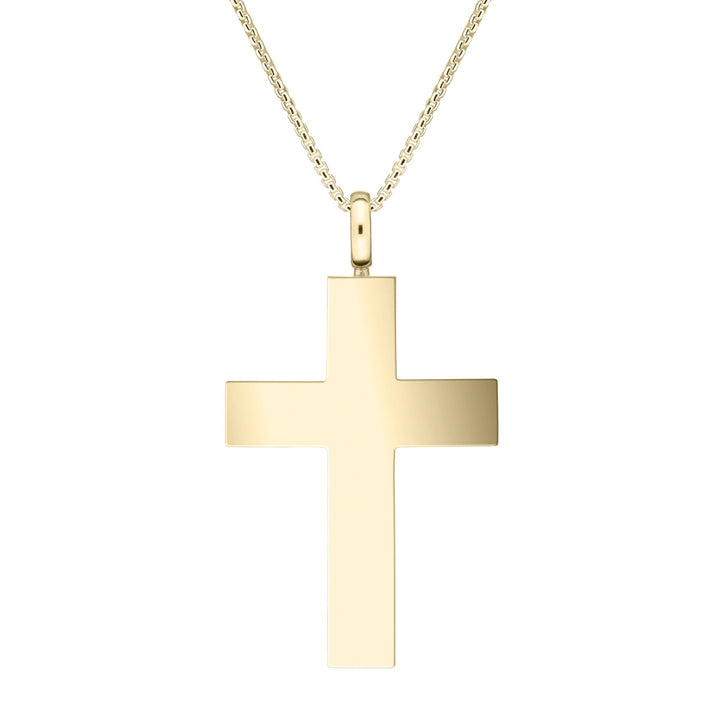Back view of Close By Me's Men's Cross Cremation Pendant in 14K Yellow Gold on a thin chain against a white background.
