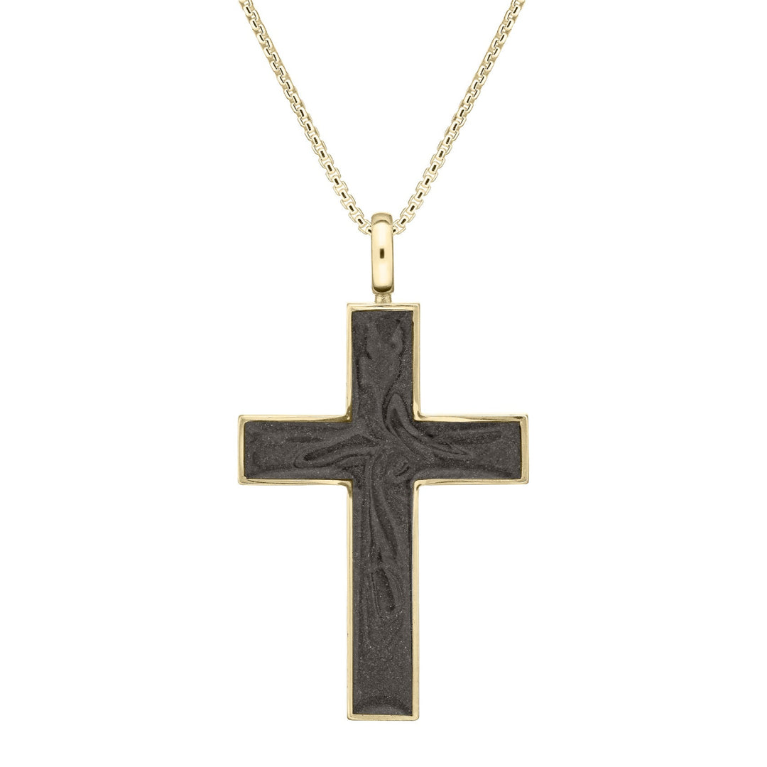 Front view of Close By Me's Men's Cross Cremation Pendant in 14K Yellow Gold on a thin chain against a white background.