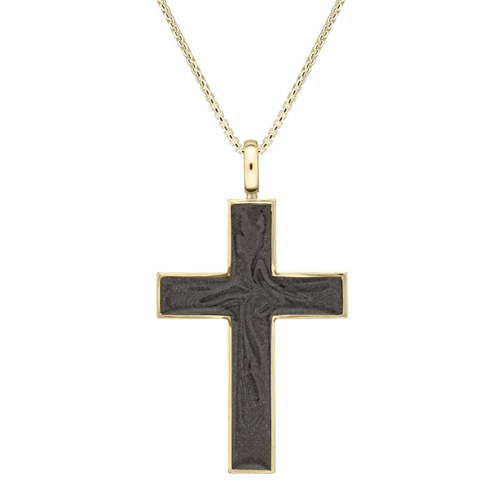 Front view of Close By Me's Men's Cross Cremation Pendant in 14K Yellow Gold on a thin chain against a white background.