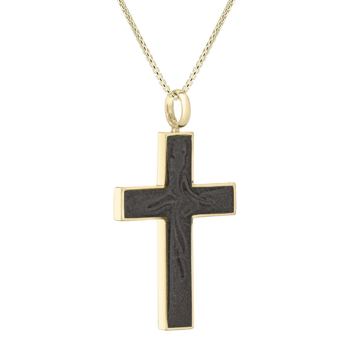 Side view of Close By Me's Men's Cross Cremation Pendant in 14K Yellow Gold on a thin chain against a white background.