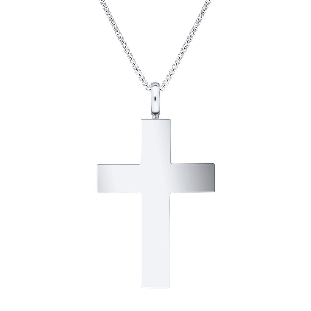 Back view of Close By Me's Men's Cross Cremation Pendant in 14K White Gold against a white background.