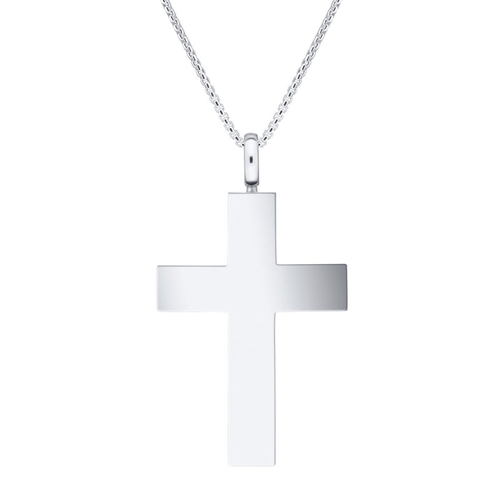 Back view of Close By Me's Men's Cross Cremation Pendant in 14K White Gold against a white background.