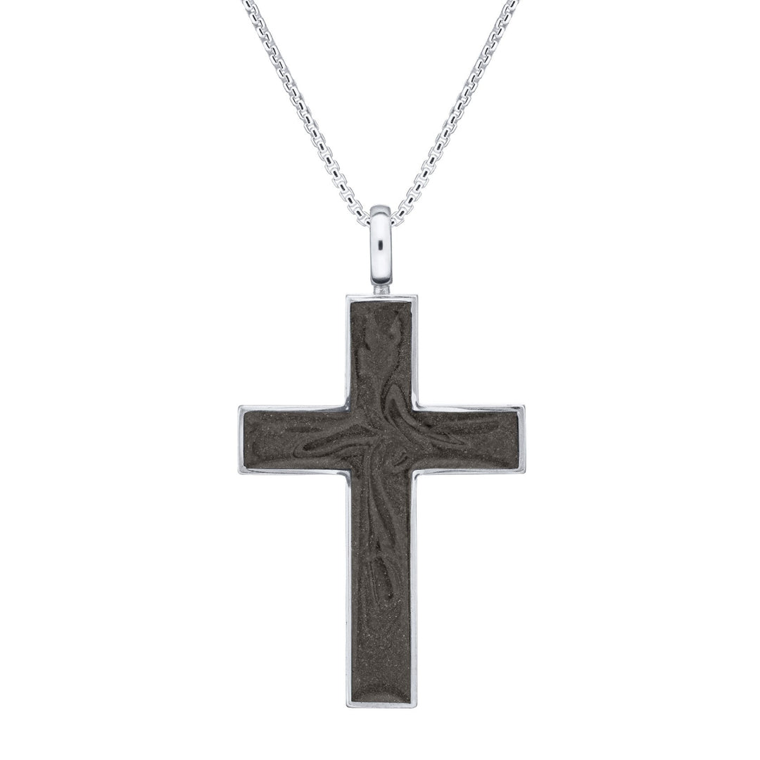 Front view of Close By Me's Men's Cross Cremation Pendant in 14K White Gold against a white background.
