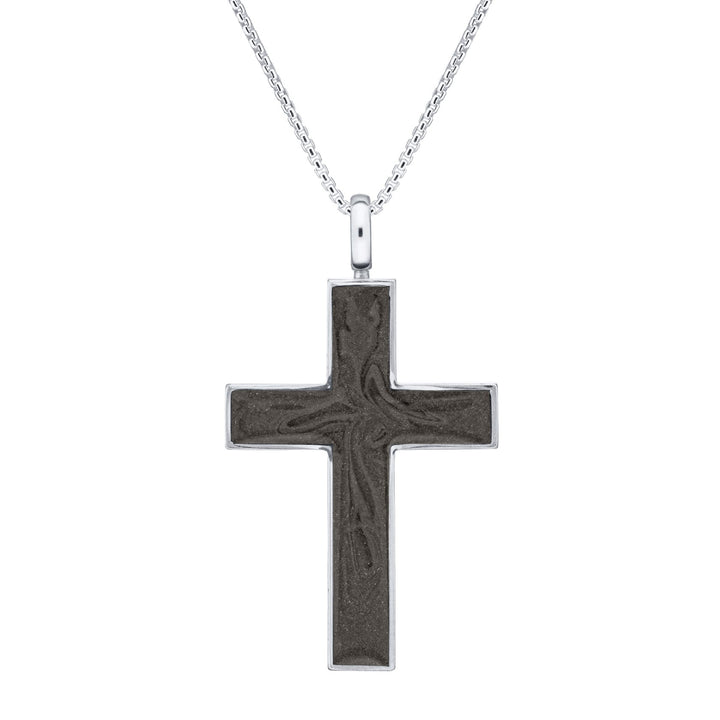 Front view of Close By Me's Men's Cross Cremation Pendant in 14K White Gold against a white background.