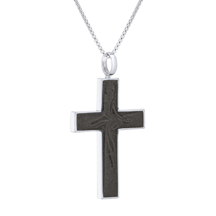 Side view of Close By Me's Men's Cross Cremation Pendant in 14K White Gold against a white background.