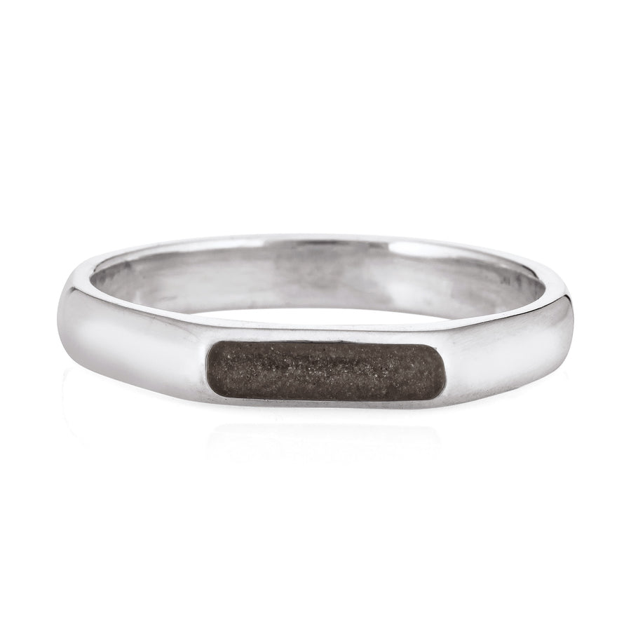 A 14k white gold men's ashes band ring memorial against a white background from the front