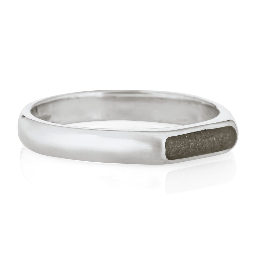 A men's ring with ashes from the side in 14k white gold against a white background designed by close by me jewelry