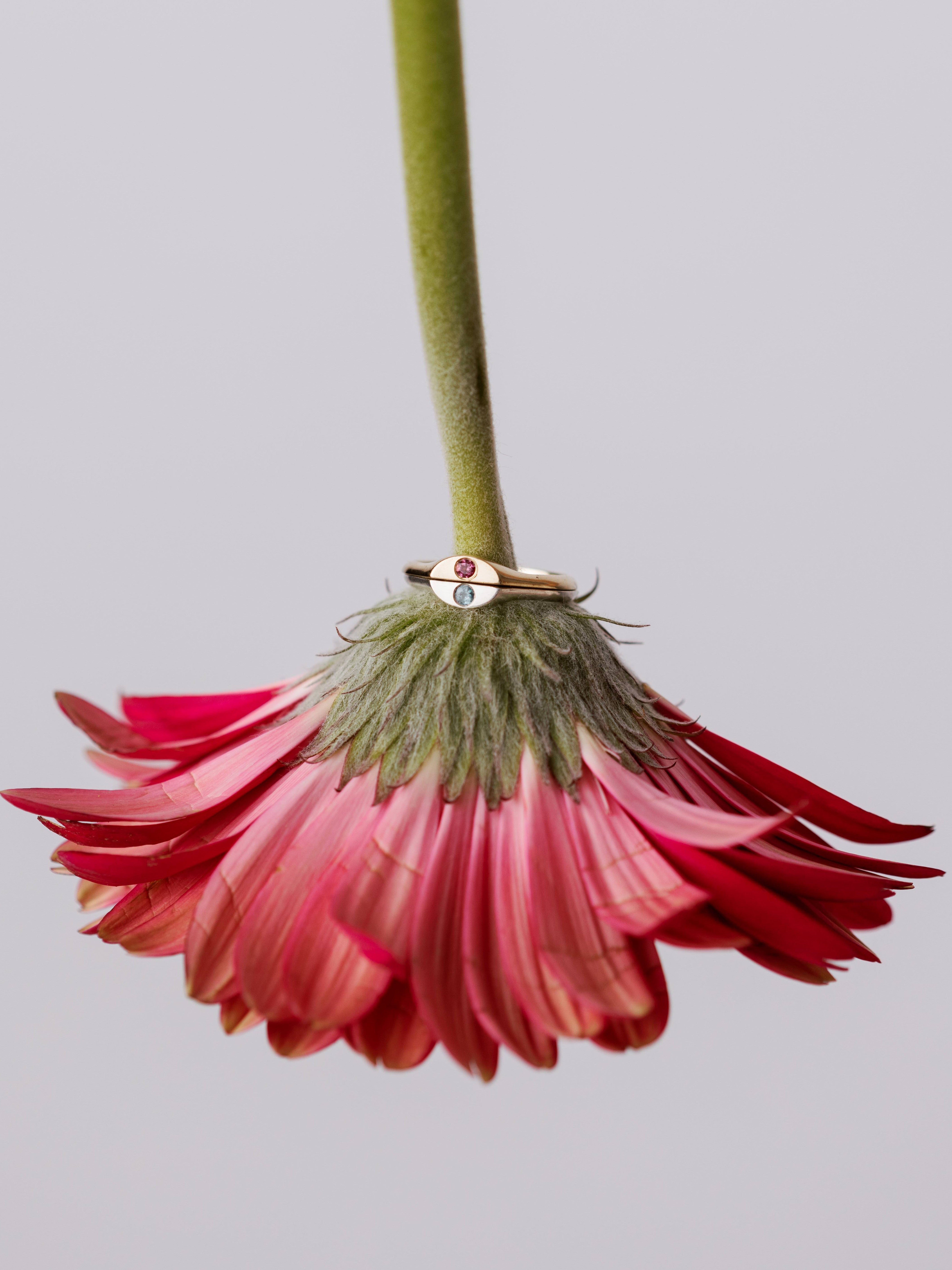 Close By Me's The Kindred Birthstone Rings around the stem of an upside down flower.