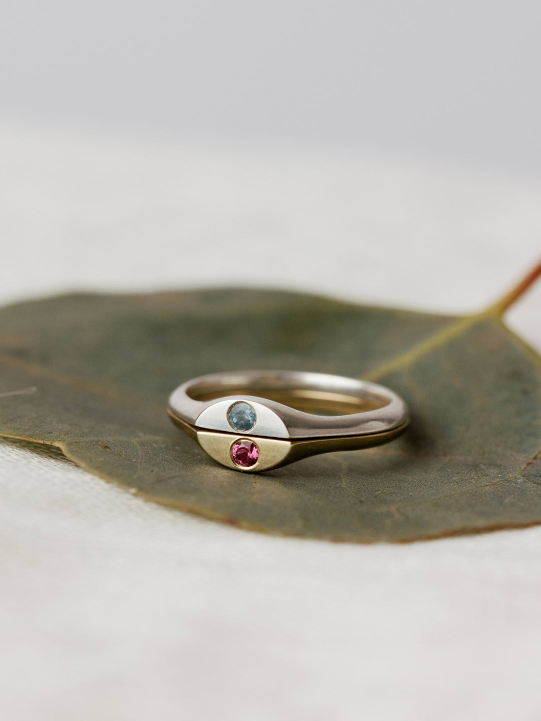 Close By Me's The Kindred Birthstone Rings on a leaf.