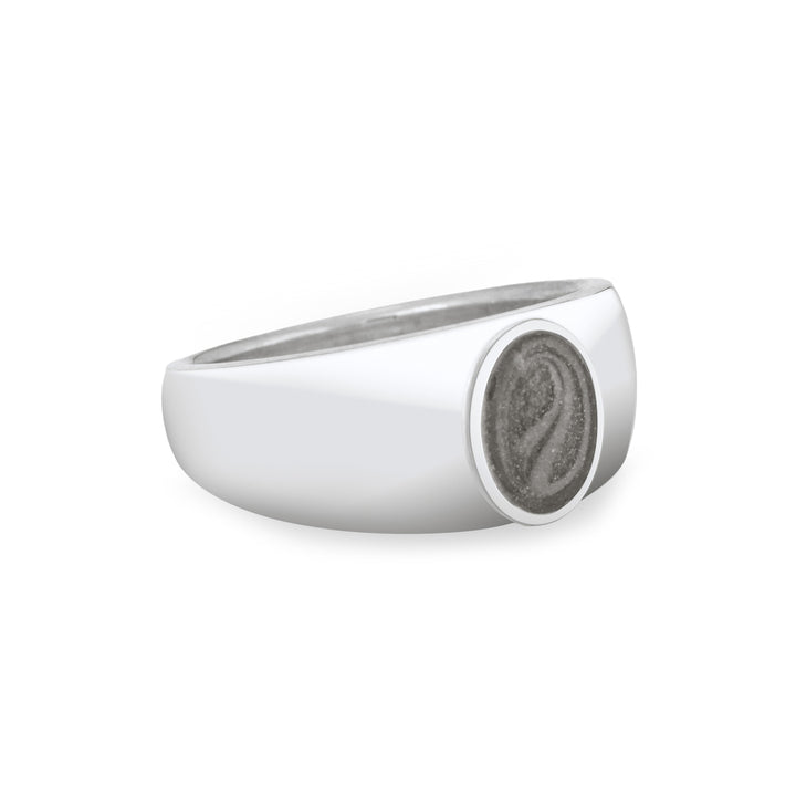 Side view of the Modern Oval Signet Cremation Ring in Sterling Silver on a plain white background.