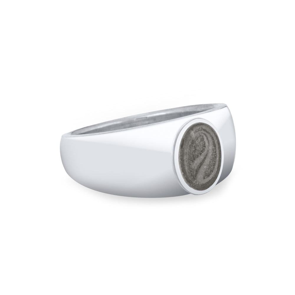 Side view of the Modern Oval Signet Cremation Ring in 14K White Gold on a plain white background.