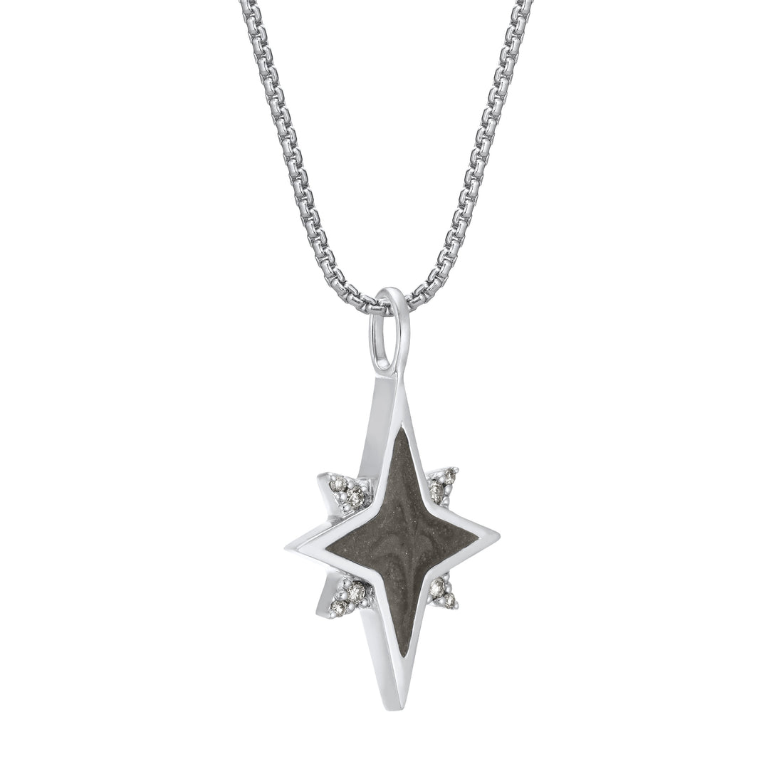 close by me jewelry's 14K White Gold North Star Ashes Pendant design with White Diamonds from the side