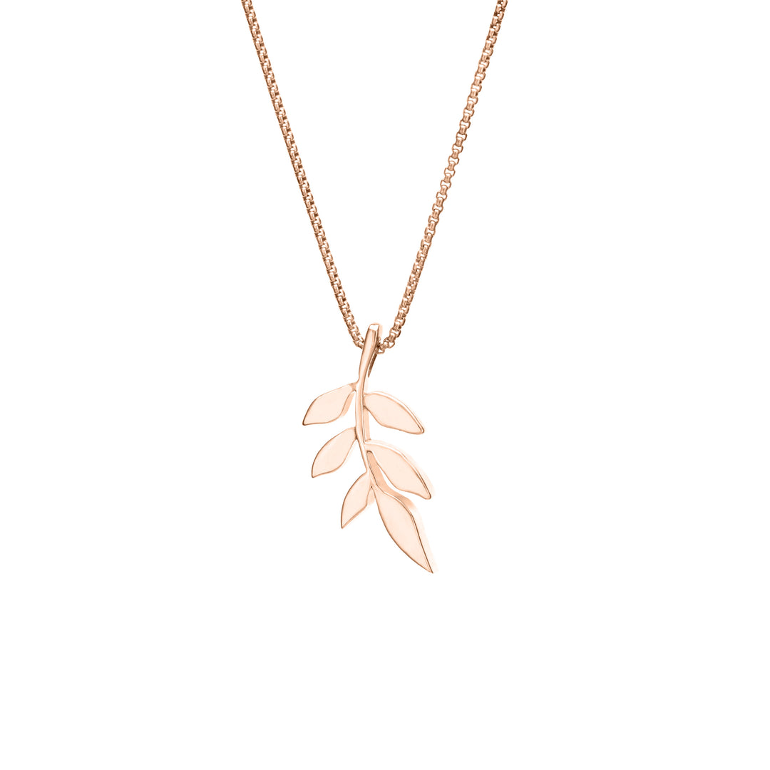 This photo shows the 14K Rose Gold Olive Branch Ashes Pendant designed by close by me jewelry from the back