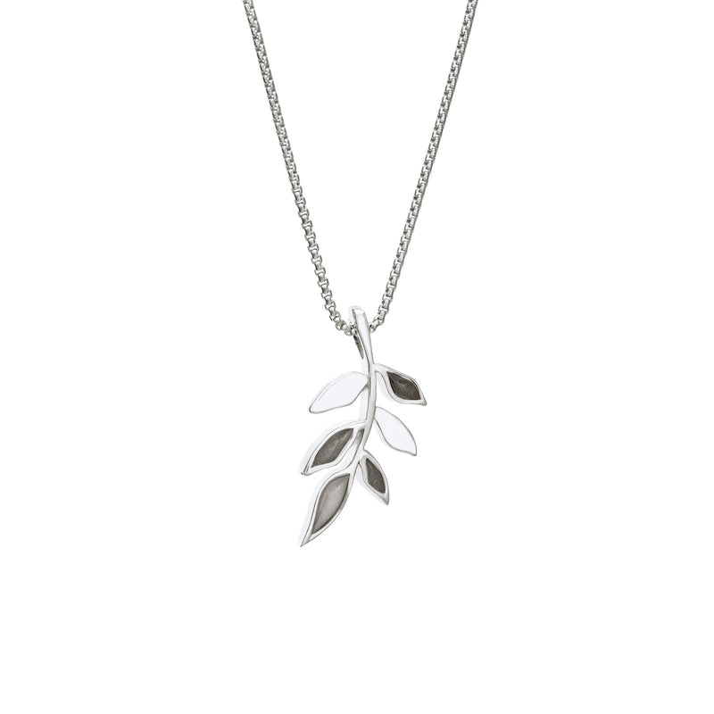 This photo shows the Sterling Silver Olive Branch Cremation Pendant designed by close by me jewelry from the side