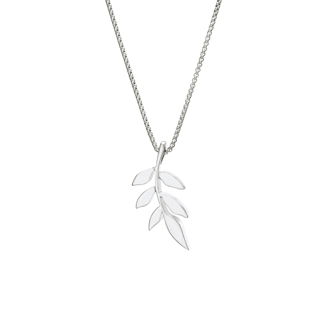 This photo shows the 14K White Gold Olive Branch Ashes Pendant designed by close by me jewelry from the back