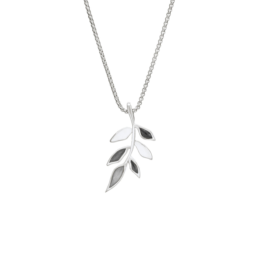 This photo shows the 14K White Gold Olive Branch Ashes Pendant designed by close by me jewelry from the front
