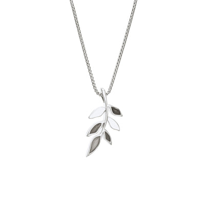 This photo shows the 14K White Gold Olive Branch Ashes Pendant designed by close by me jewelry from the side