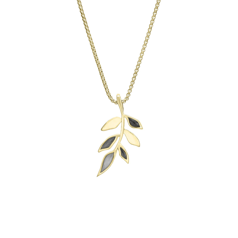 This photo shows the 14K Yellow Gold Olive Branch Ashes Pendant designed by close by me jewelry from the front