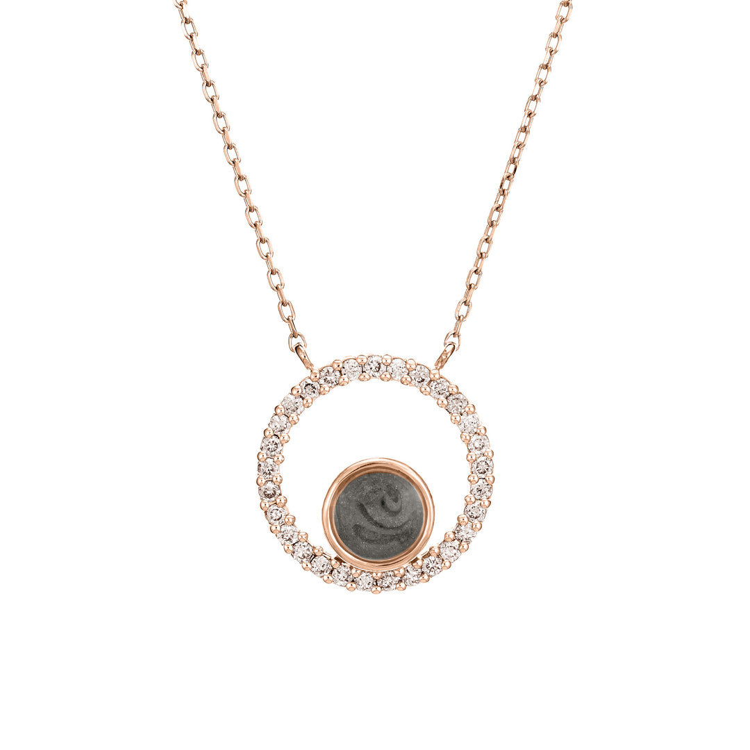Close-up, front view of Close By Me's Open Diamond Halo Cremation Necklace in 14K Rose Gold with Champagne Diamonds, against a solid white background.