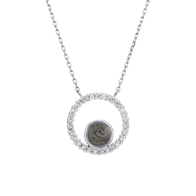 Close-up, front view of Close By Me's Open Diamond Halo Cremation Necklace in 14K White Gold with White Diamonds, against a solid white background.