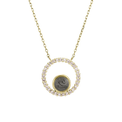 Close-up, front view of Close By Me's Open Diamond Halo Cremation Necklace in 14K Yellow Gold with Champagne Diamonds, against a solid white background.