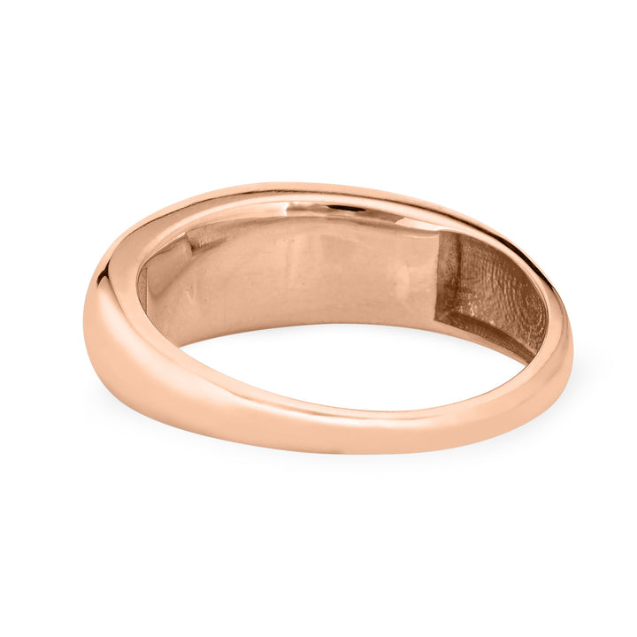 A close-up view of the back and inside of Close By Me Jewelry's Oval Dome Cremation Ring in 14K Rose Gold, which is laying flat against a solid white background.