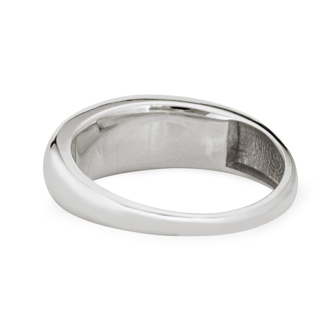 A close-up view of the back and inside of Close By Me Jewelry's Oval Dome Cremation Ring in Sterling Silver, which is laying flat against a solid white background.