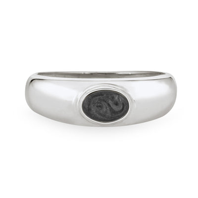 Centered against a stark white background, this Sterling Silver Oval Dome Cremation Ring from Close By Me Jewelry features an ashes setting that is dark grey in color with a subtle swirled pattern visible.