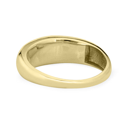 A close-up view of the back and inside of Close By Me Jewelry's Oval Dome Cremation Ring in 14K Yellow Gold, which is laying flat against a solid white background.