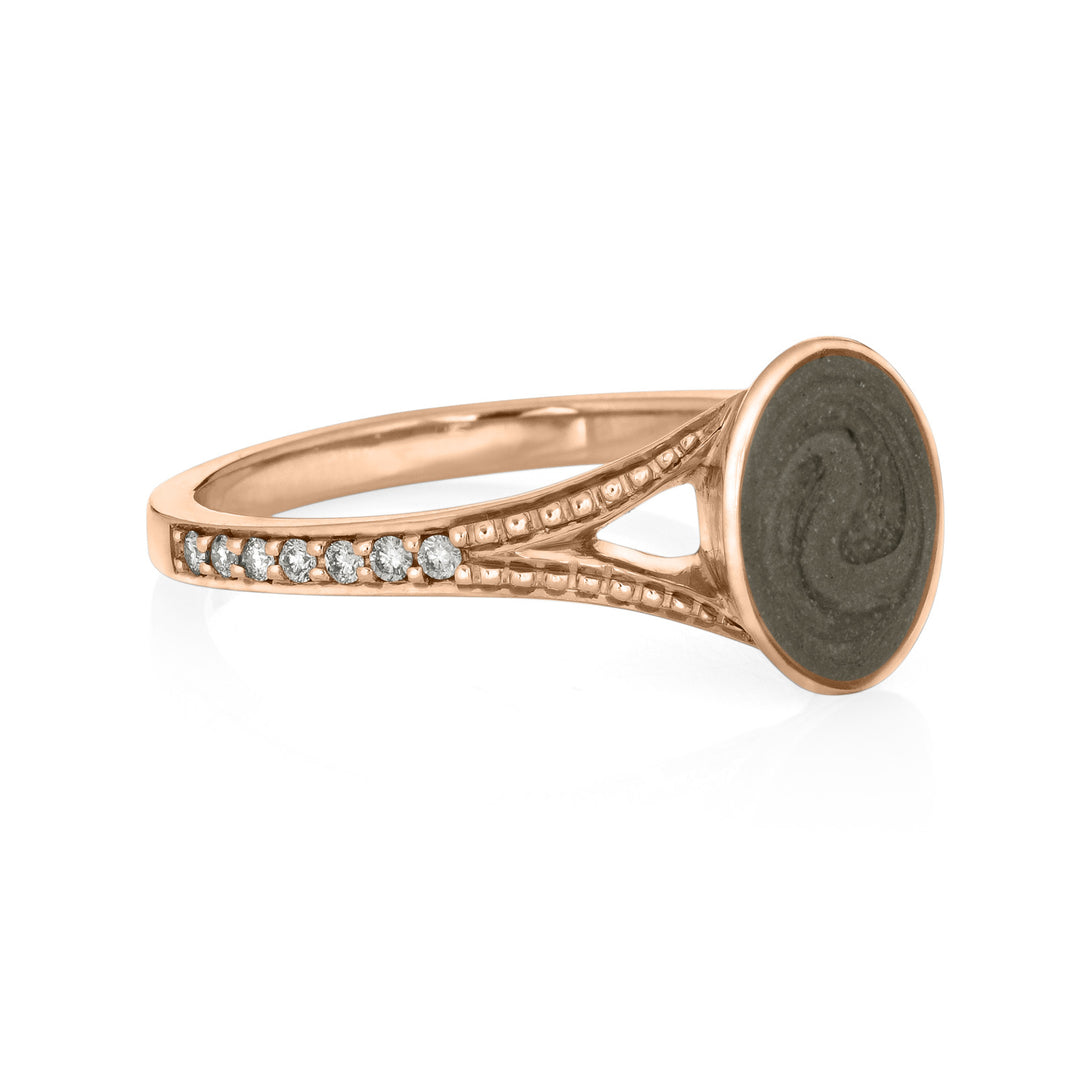 Pictured here is close by me jewelry's Oval Split Shank Champagne Diamond Band Ring from the side, highlighting the diamonds and milgrain and showing a medium grey ashes setting