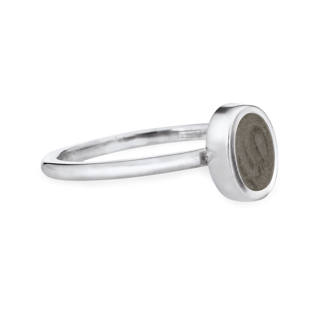 This photo shows the 14K White Gold Oval Stacking Ashes Ring designed by close by me jewelry from the back
