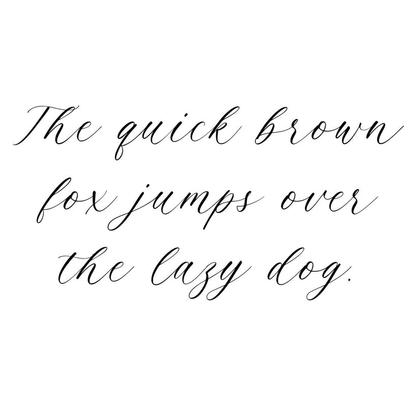 Pictured is the statement "The quick brown fox jumps over the lazy dog." in the Script Font option that is available for engraving.
