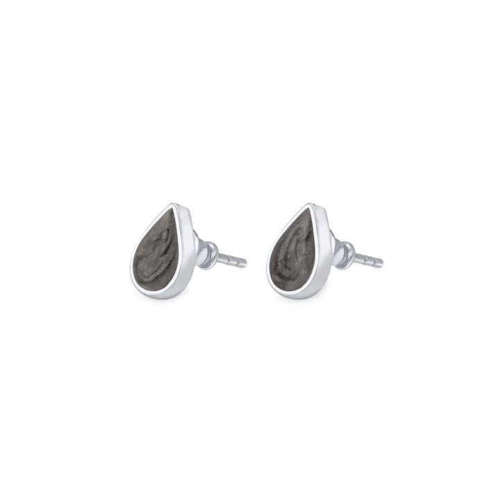 Pear stud cremation earrings in 14k white gold shown from the side