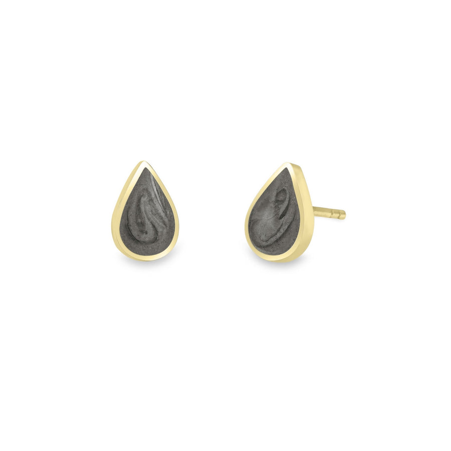 Pear stud cremation earrings in 14k yellow gold shown from the front