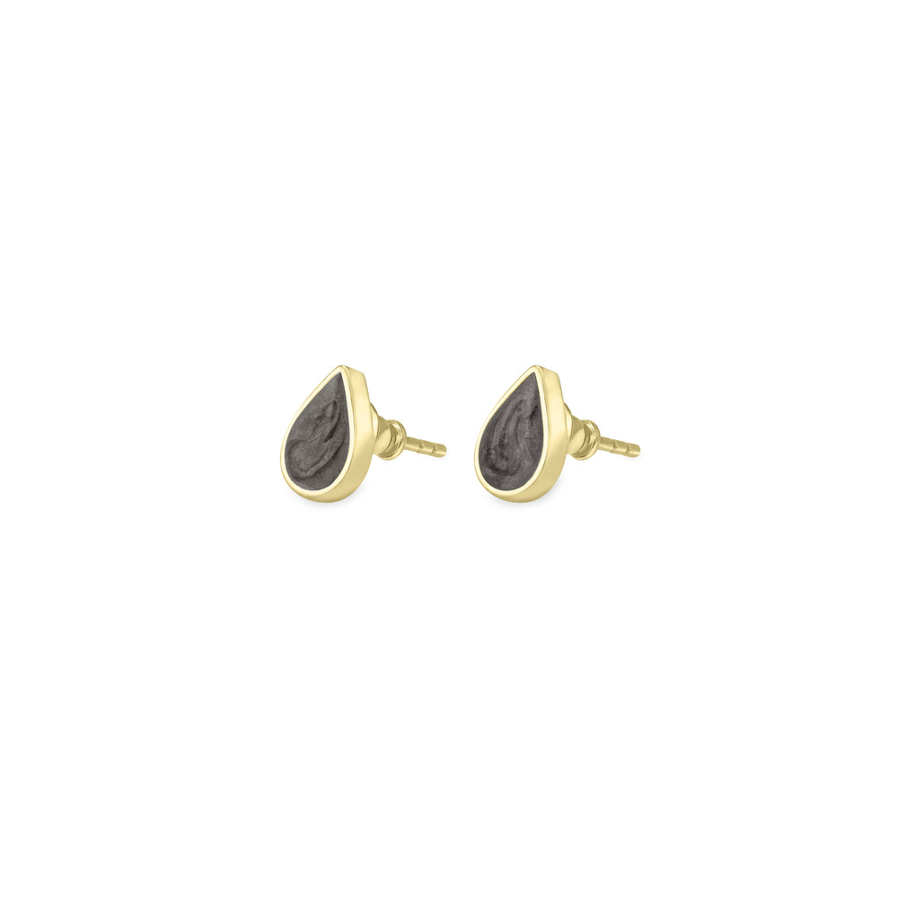Pear stud cremation earrings in 14k yellow gold shown from the side