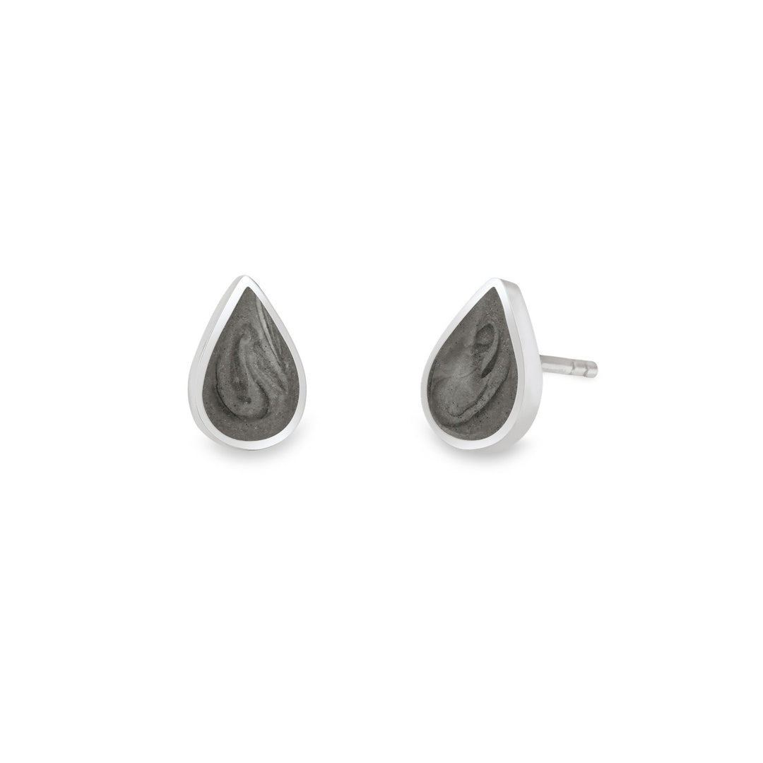 Pear stud cremation earrings in sterling silver shown from the front