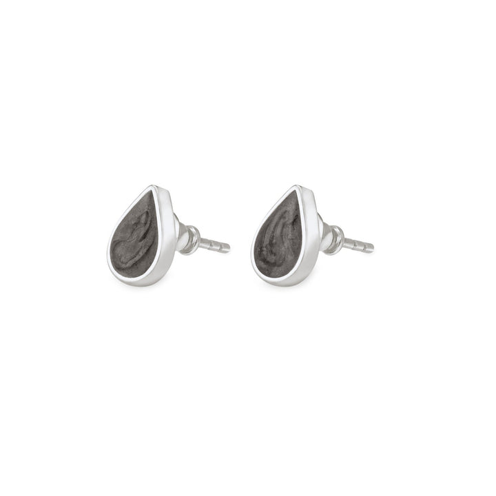 Pear stud cremation earrings in sterling silver shown from the side