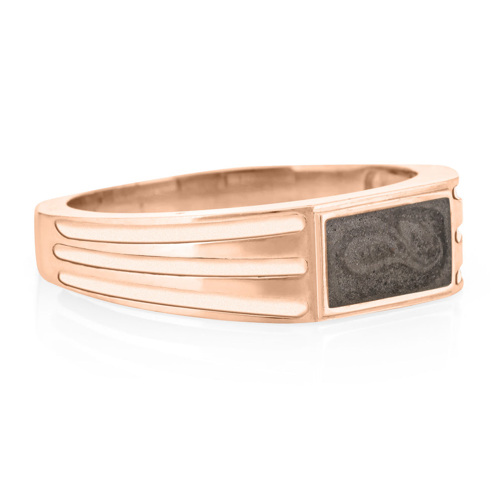 side of close by me's 14k rose gold ridged band rectangle signet cremation ring