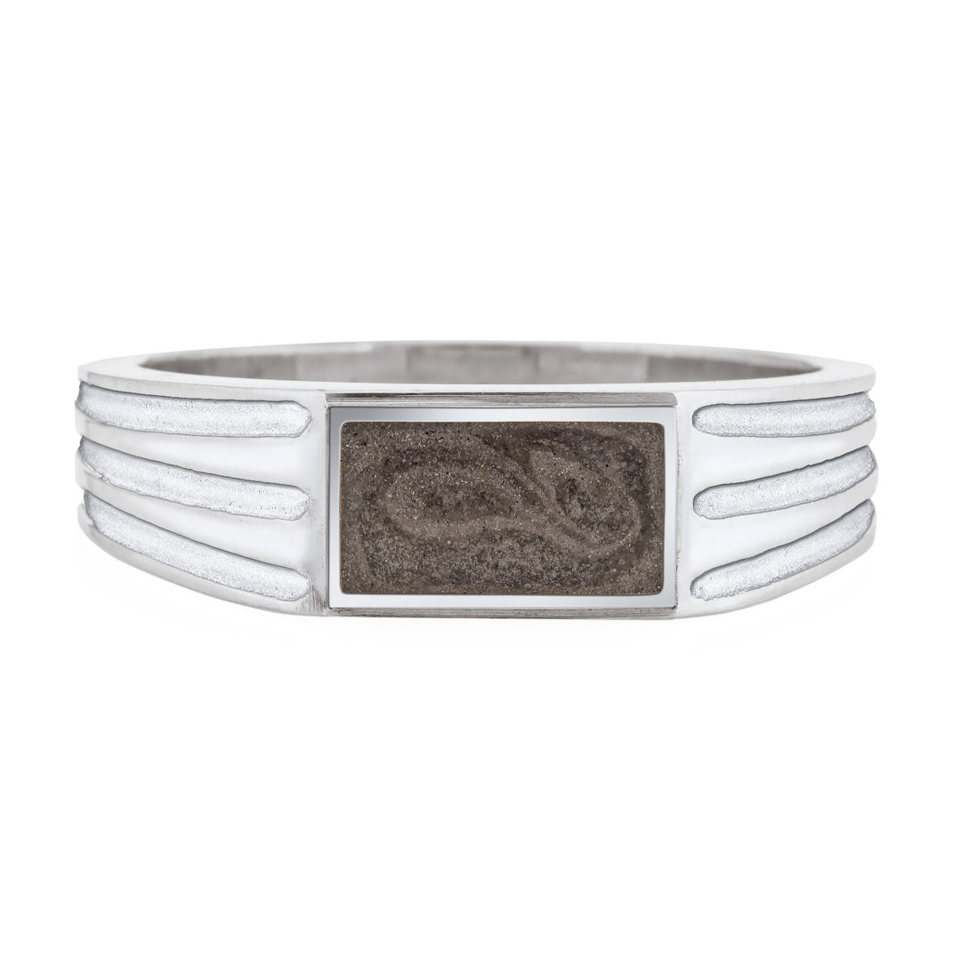 front of close by me's 14k white gold ridged band rectangle signet cremation ring