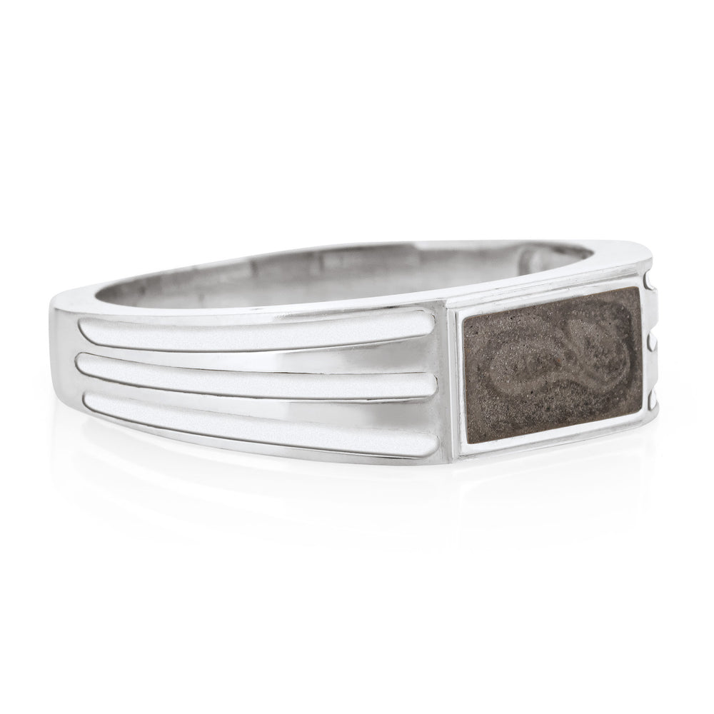 side of close by me's 14k white gold ridged band rectangle signet cremation ring