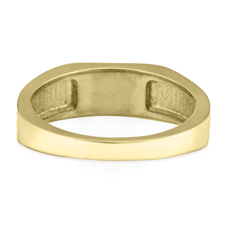 back of close by me's 14k yellow gold ridged band rectangle signet cremation ring