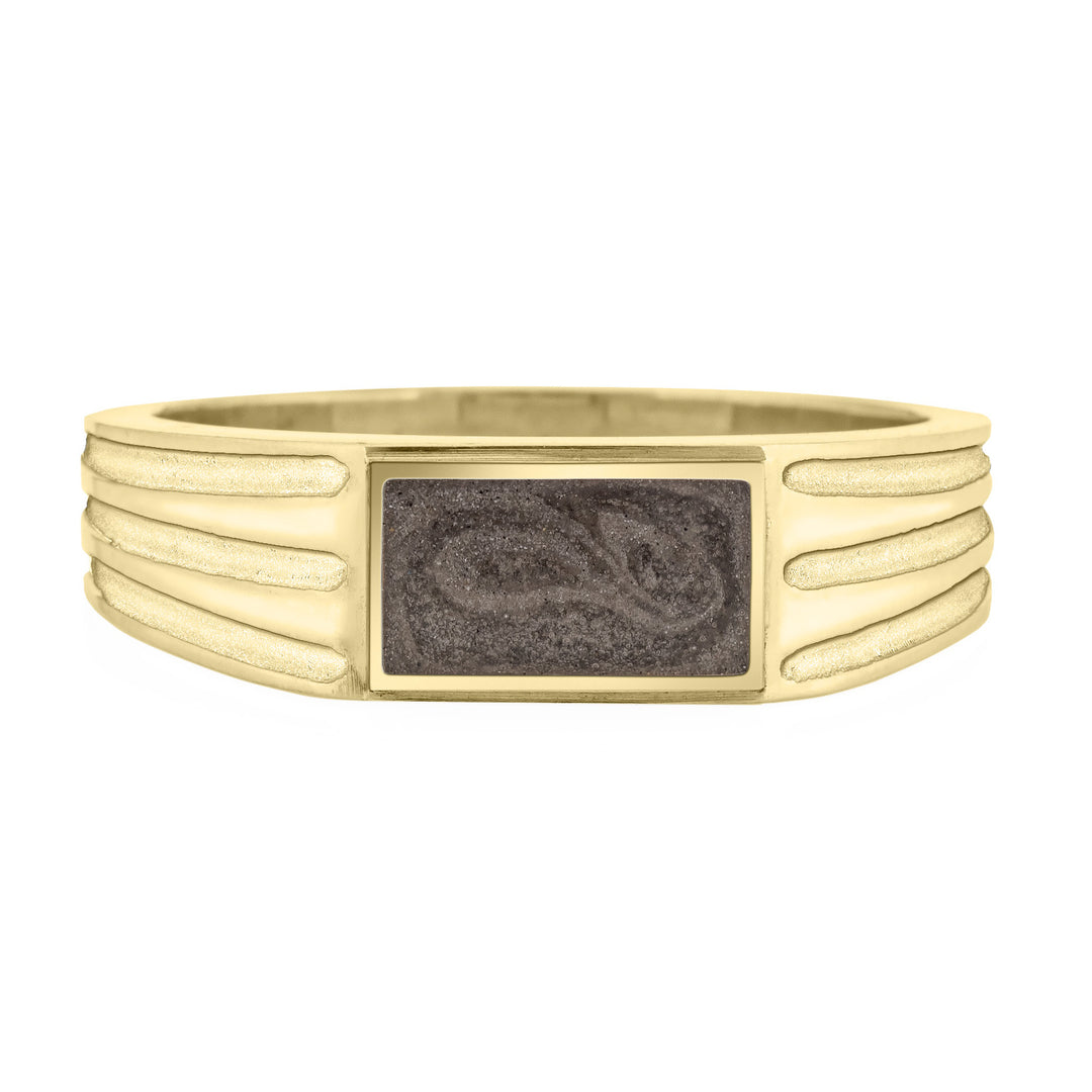 front of close by me's 14k yellow gold ridged band rectangle signet cremation ring